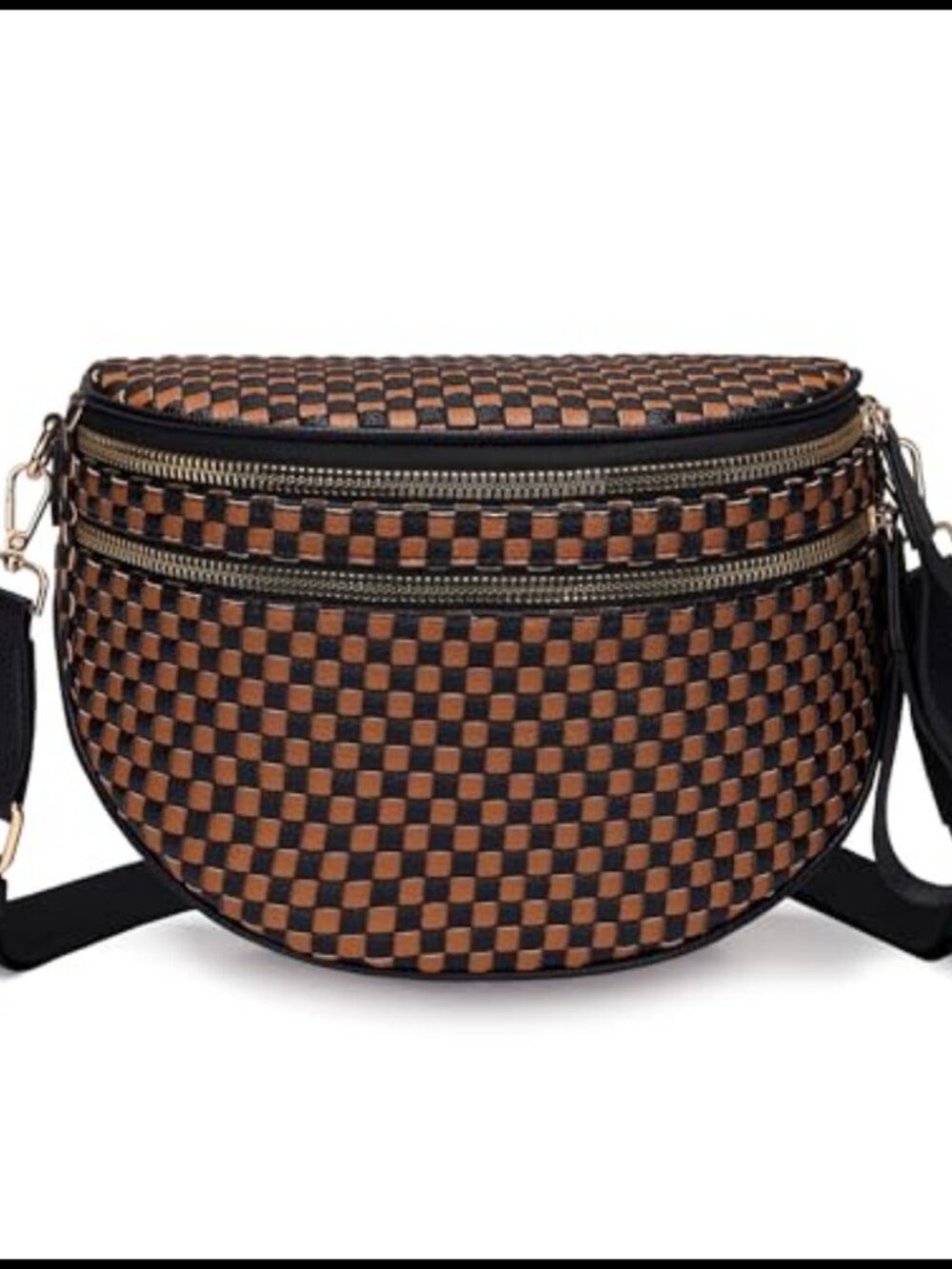 Woven Crossbody Bum Bag Vegan Leather Double Zip Sling Purse Fanny Pack